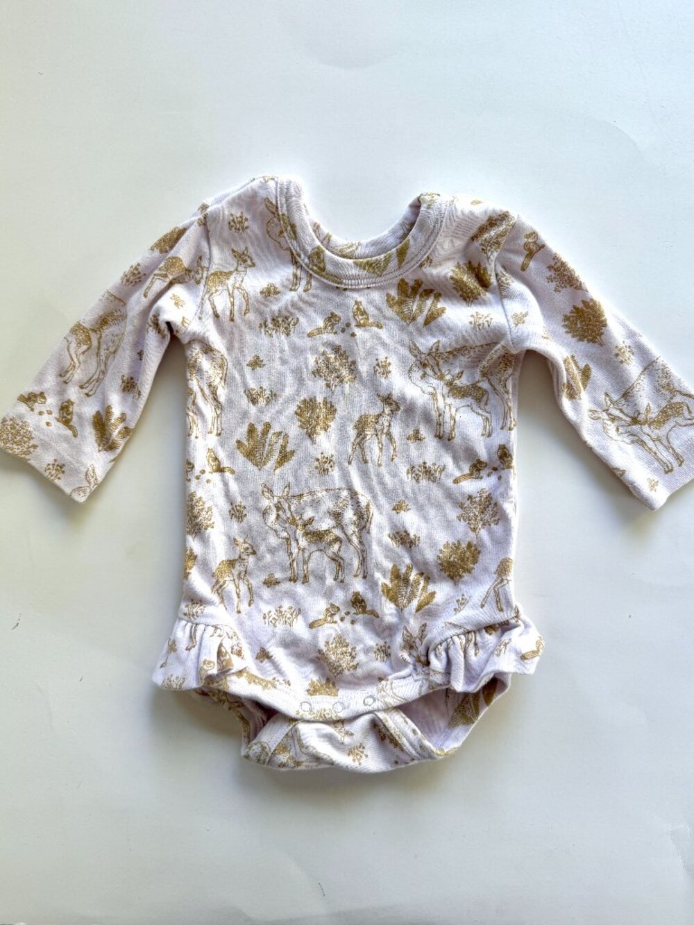 Kate Quinn Deer Fawn Print Ruffle Bodysuit Long Sleeve 6-12M